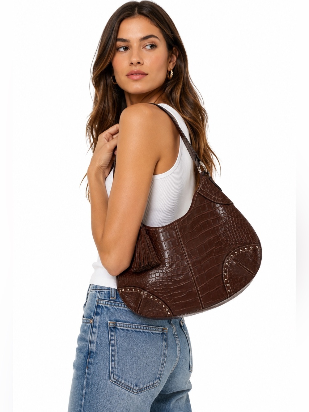 Vintage Tommy Hilfiger Brown Croc Embossed Hobo Shoulder Bag Y2K Tassel Studded